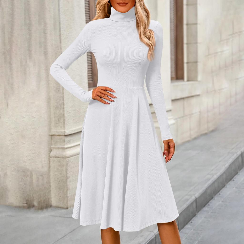 Women's Casual Fashion High Neck Long Sleeve Color Midi Dress