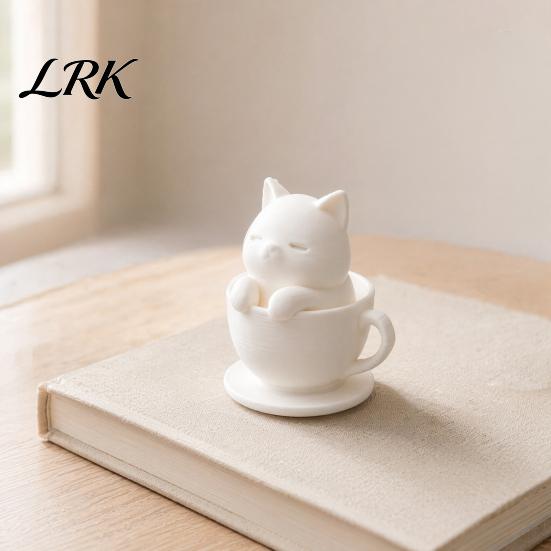 Cute Cat Cup Ornament 3D Printed Teacup Figurine, Mini Animal Statue Healing Decor Ornament, Smooth Kitten Figurine White Desktop Sculpture