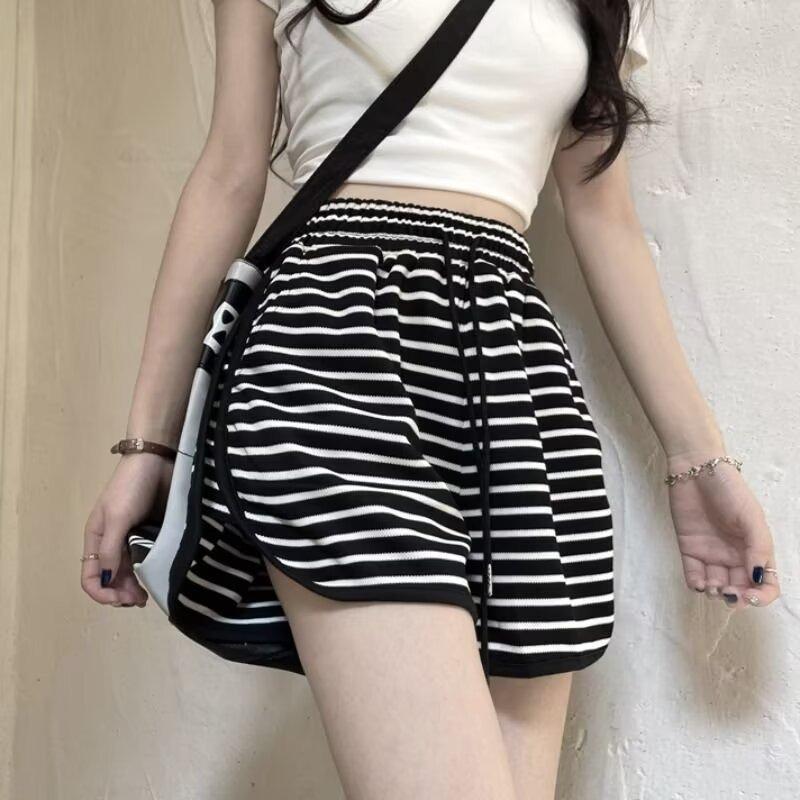 Striped High-waisted Sports Pants Women's Loose Wide Leg Shorts Summer Thin Straight Elastic Waist Ins Casual Pants