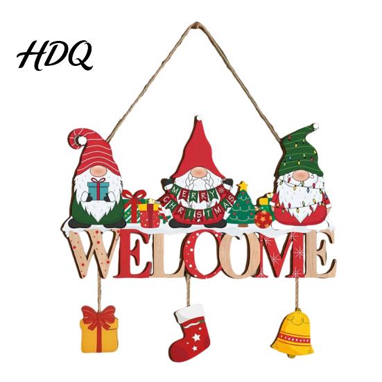 Cartoon Gnome Wall Art Christmas Wooden Welcome Hanging Sign Elf Decor with Gift Bell Door Sign Charms Rustic Farmhouse Ornament for Indoor Outdoor
