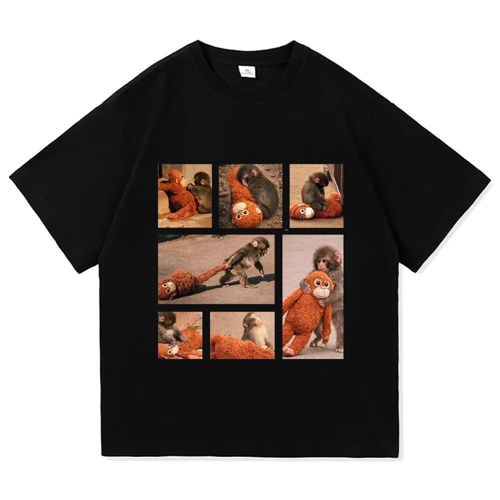 

Punch Monkey T-shirt Cute Baby Monkey with Plush Toy Graphic T Shirts Emotional Gift Animal Lovers Pure Cotton Top Women Men Tee 5XL різнокольоровий
