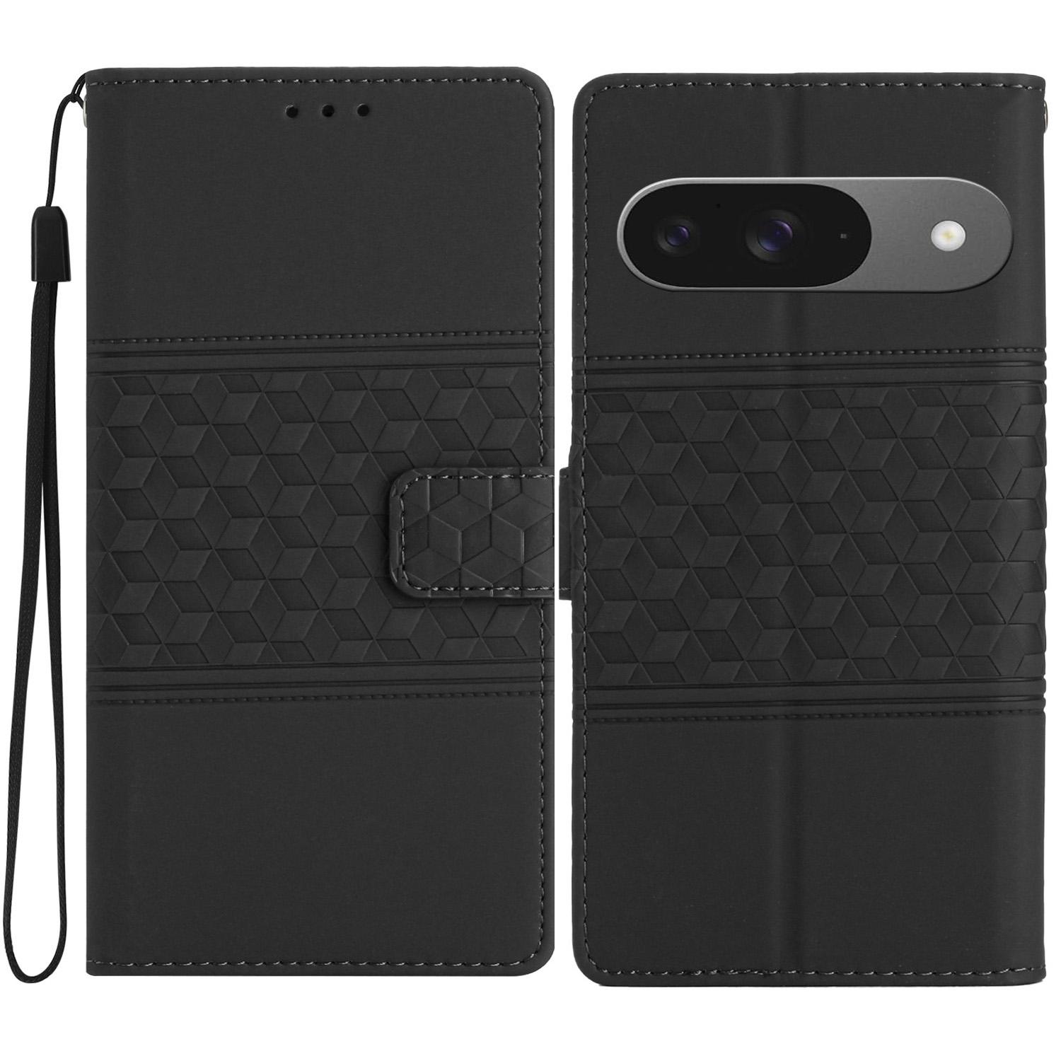 

For Google Pixel 9/Pixel 9 Pro Case Rhombus Leather Horizontal Flip Phone Cover Black