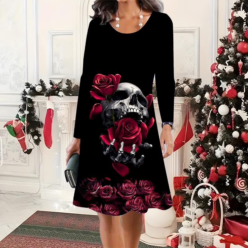 

2025 Осень и Зима Новое Повседневное Женское Платье с Круглым Вырезом 3D Хэллоуинский Узор Идеальный Подарок на Хэллоуин Рождество 8XL красный