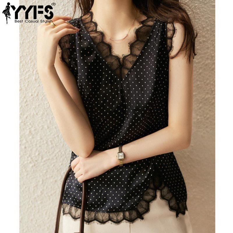 YYFS Women's Fashion Casual Summer Spring Polka Dot Print Sleeveless V-Neck Blouses & Shirts