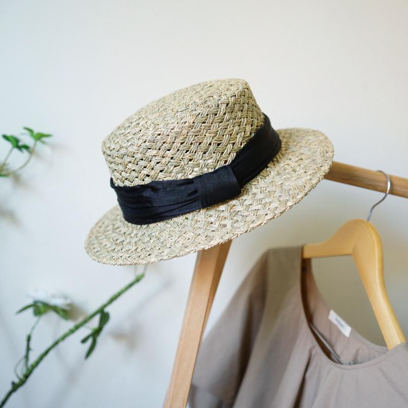 

Japanese Retro Salty Grass Seaweed Woven Flat Top Top Top Top Hat Women S Summer Sunshade Vacation Sunscreen Beach French Straw Hat M（56-58cm）
