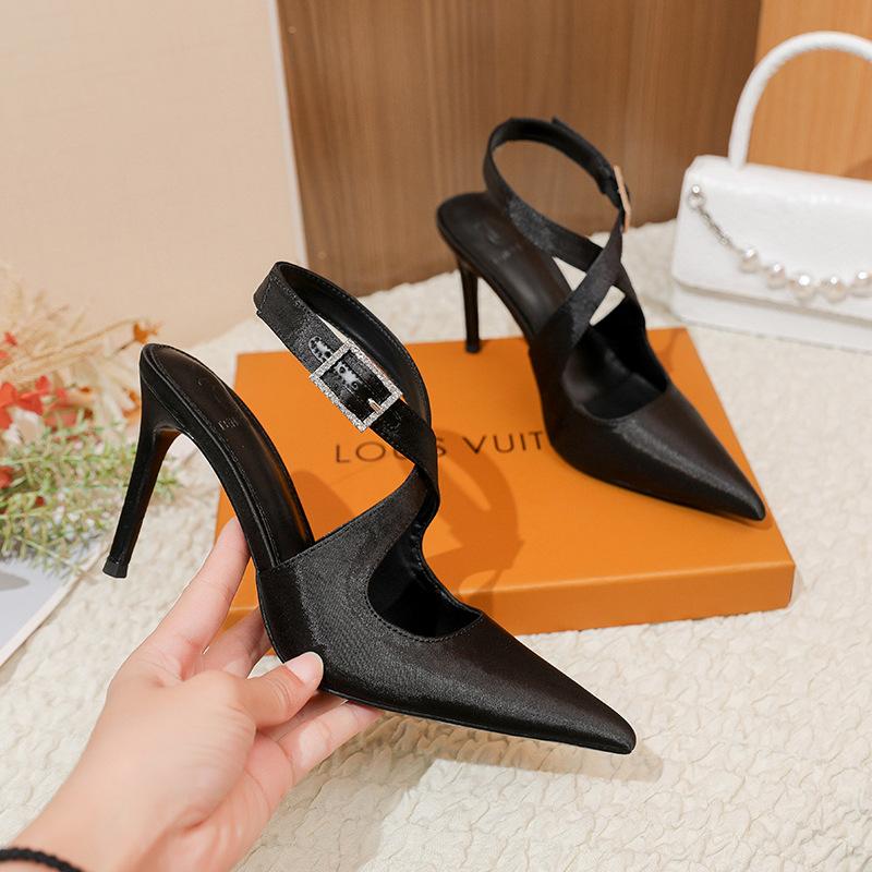 Fashion Women High Heels 2025 Spring New Arrival Pointed Toe Cross Strap Black Thin Heel Sandals Shoes Slip-Resistant Sole Fashion
