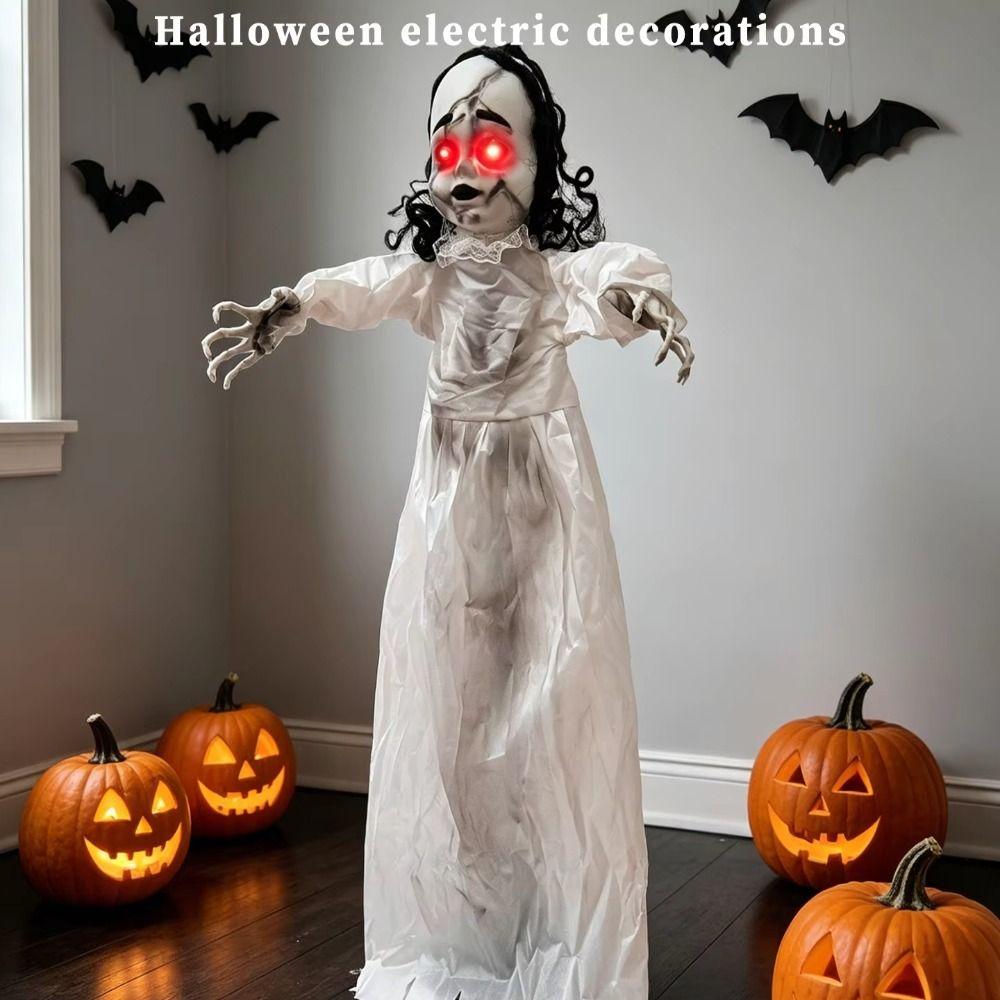 Glowing Eyes Walking Girl Doll White Clothes Swing Hanging Ghost Haunted House Prop  Entryway