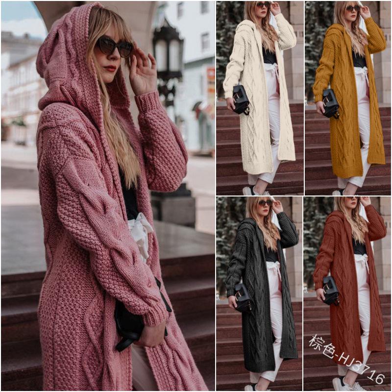 2025 European & American Solid Color Hooded Cable Knit Long Cardigan Sweater for Women