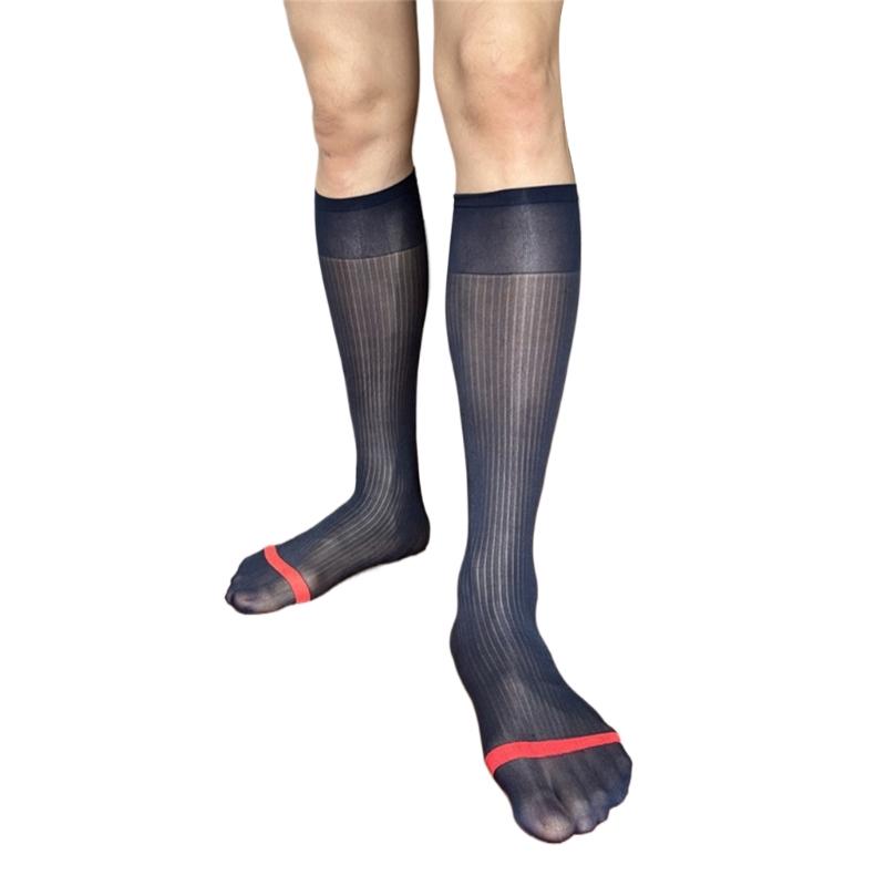 Mens Nylon Sheer Suit Socks Business Dress Socks Contrast Color Striped See Through Formal Dress Over the Calf Stockings
