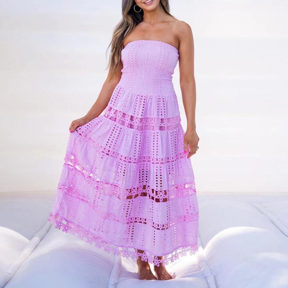Hollow Out Dresses For Women Strapless Sleeveless High Waist Embroidery A Line Solid Backless Dress Female Fashion