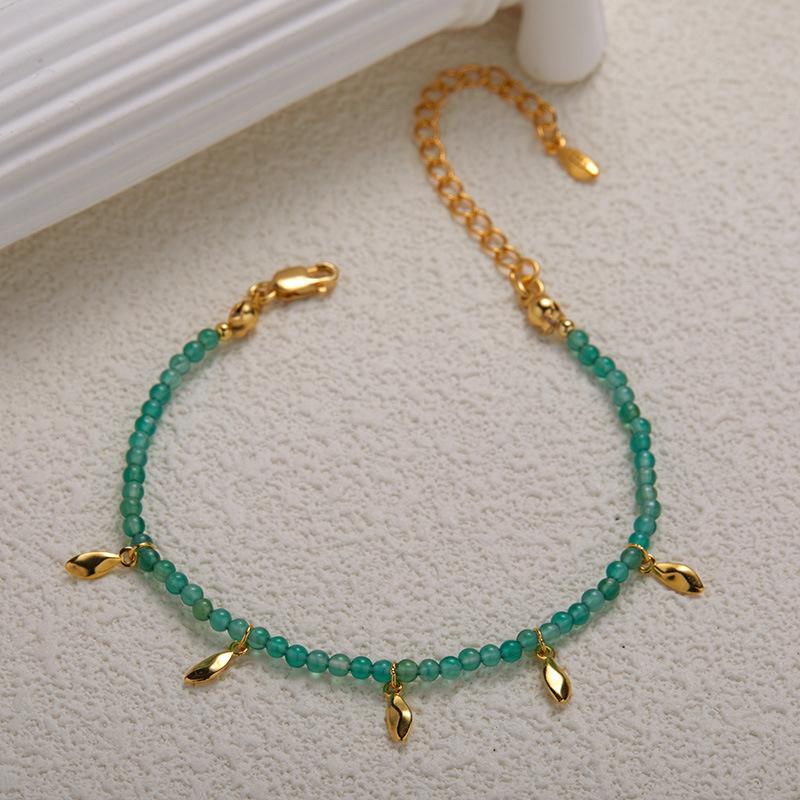 Trendiges Design S925 Sterling Silber Natürlicher Grüner Chalcedon Farbiger Schatzarmband Damen Einfach und Vielseitig Handgefertigte Schnur Grüne Runde Perlen