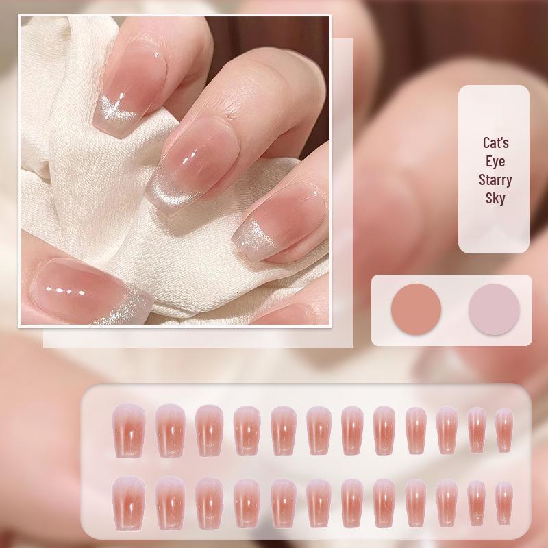 Cat Eye Press-On Nails: Luxurious Nail Art Tips with Stone Glass Beads In Long & Short Whitening Styles