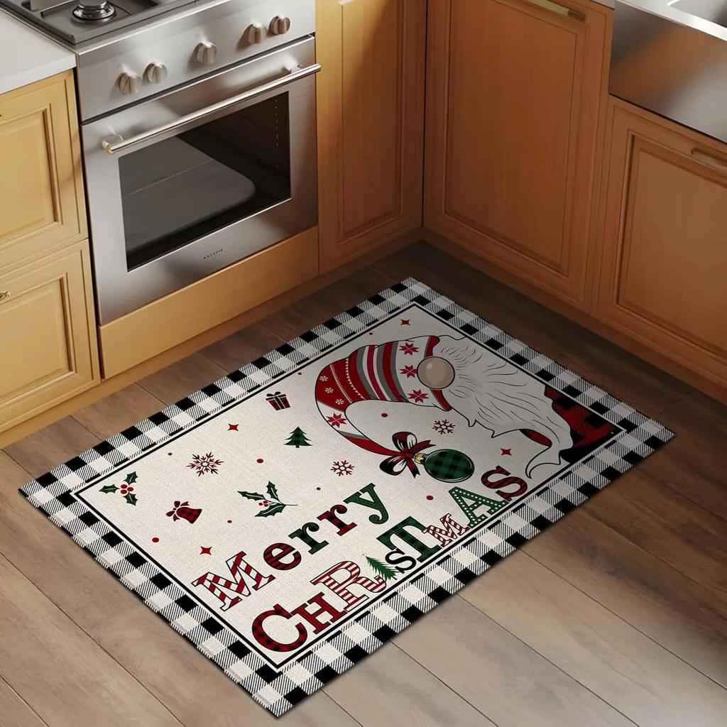 Merry Christmas Indoor Door Mat Gnome Xmas Tree Snowflake Red Black Plaid Front Door Mat Non Slip Washable Entryway Rug