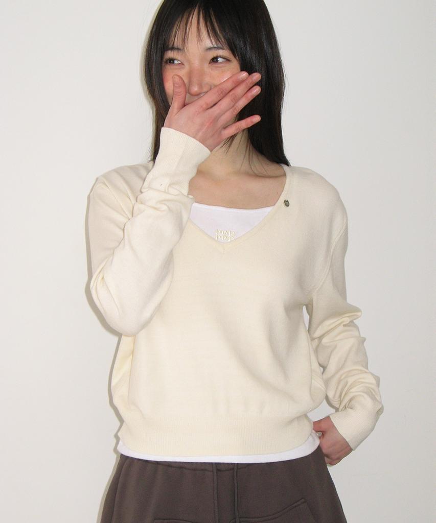 RONRON Basic Deep V Neck Compact Knit Ivory