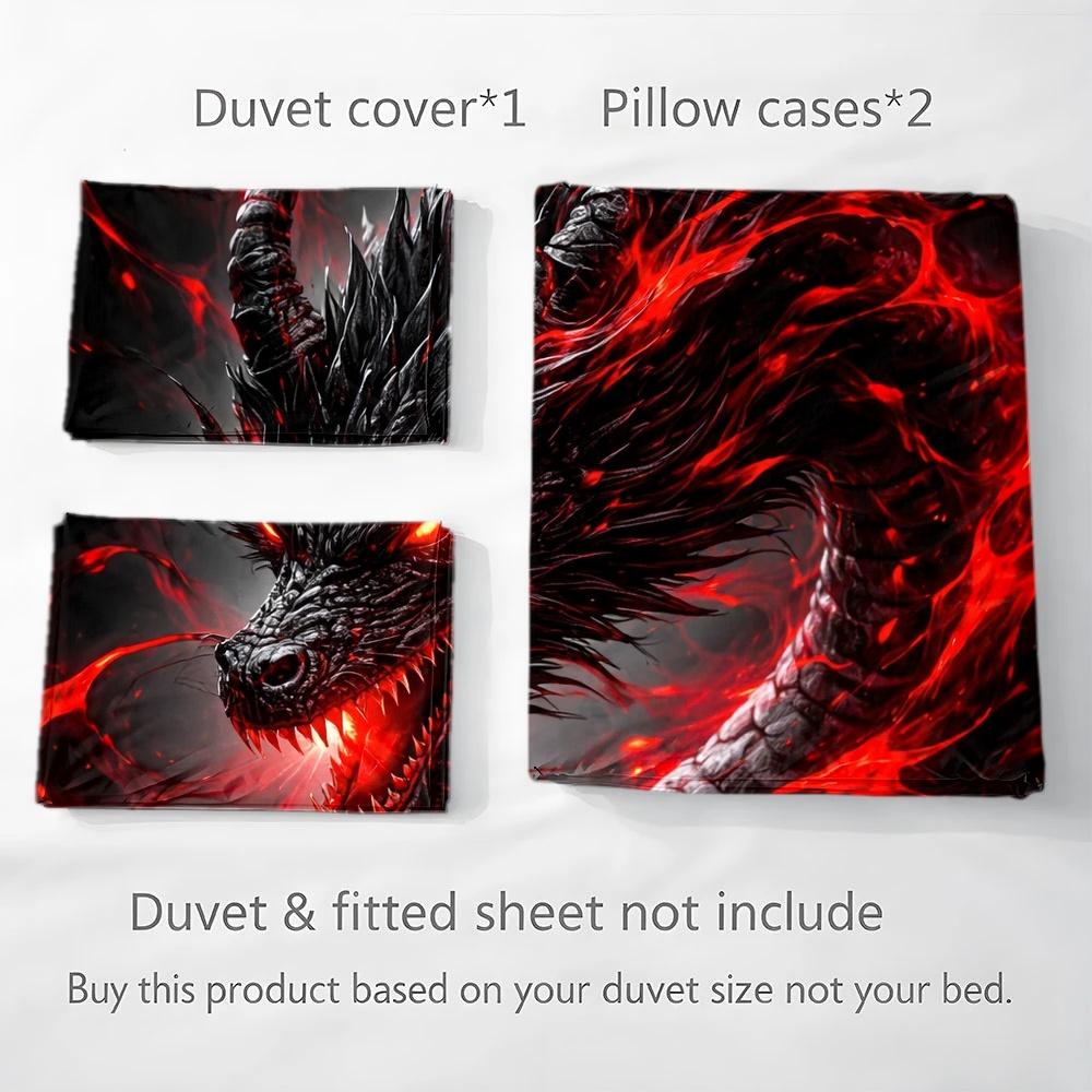 3Pc Dark Dragon Duvet Cover Set, All Season Machine Washable Bedding with 2 Pillowcases, Invisible Zipper for Double Bed