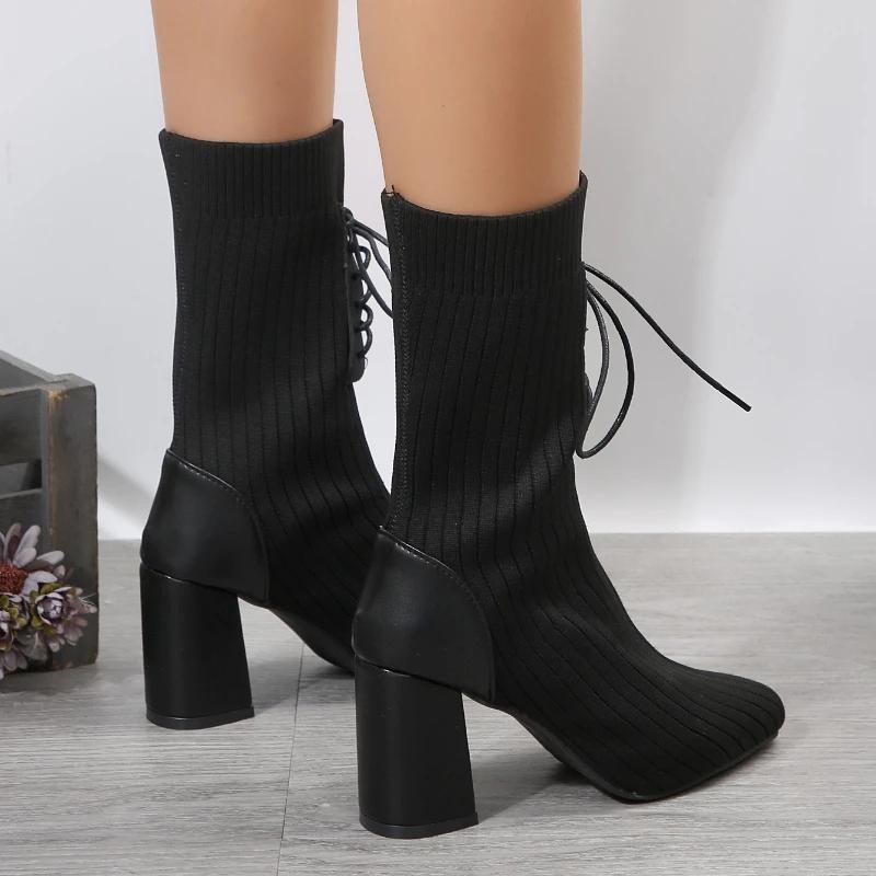 Fashion Women Knit Socks Shoes Stretch Fabric Women Luxury Ankle Boots Pointed Toe High Heels Slip-On Sock Heeled Chelsea Boots Size 43