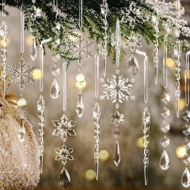 10Pcs Christmas Crystal Snowflake Ornaments Transparent Icicle Xmas Tree Hanging Pendant Christmas Decoration Home New Year 2025