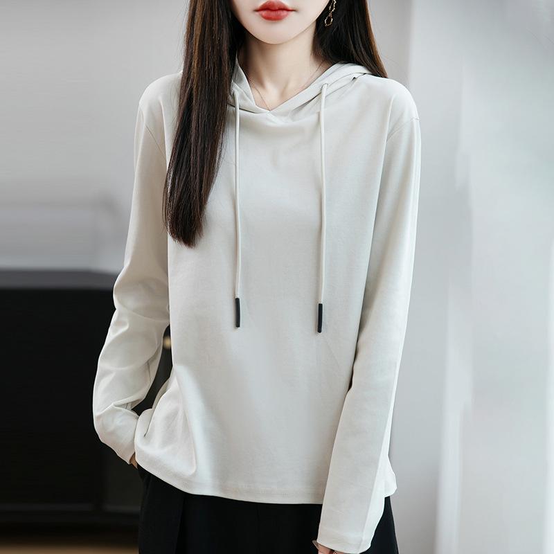 Women's Hooded Long Sleeve Sweatshirt Loose Fit Japanese Korean Casual Solid Color Cotton Spring Daily Versatile Layering Pullover Top