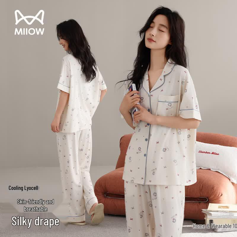 MaoRen Women s Cooling Tencel Cotton Short Sleeve Pajama Set L