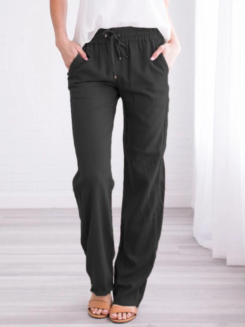 Spring/Summer Women s Solid Color Cotton Linen Wide-Leg Casual Pants L чёрный