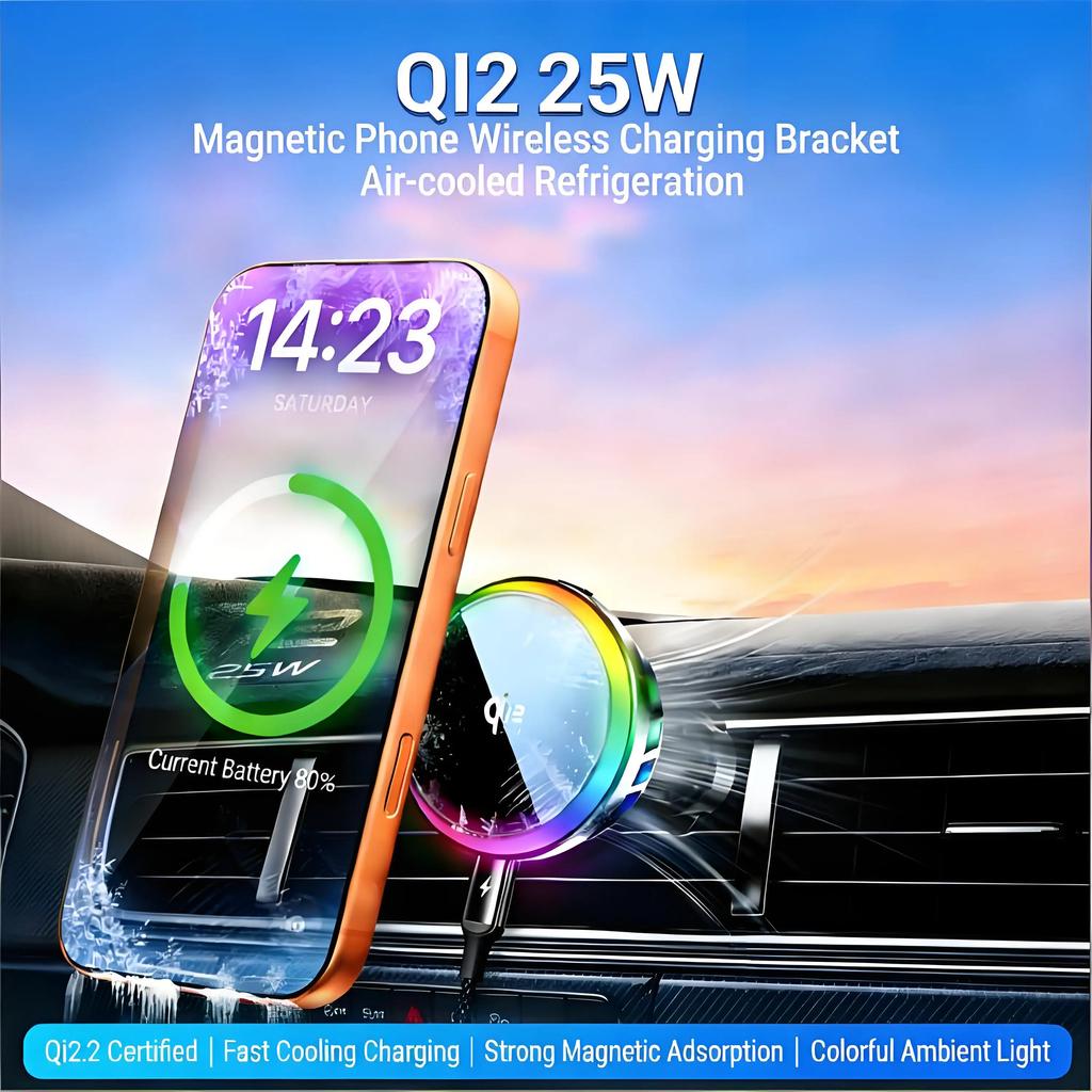 25W Magnetic Wireless Car Charger Stand Air Cooling RGB Light Phone Holder For Magsafe iPhone 17 16 15 14 13 12 Fast Charging