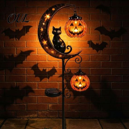Dekorative Metall-Gartenstäbe Solar Halloween Gartenstecker-Licht, Automatisches Ein-/Ausschalten Halbmond Schwarze Katze mit Hängenden Gruseligen Außen-Terrassen-Akzenten Kürbis