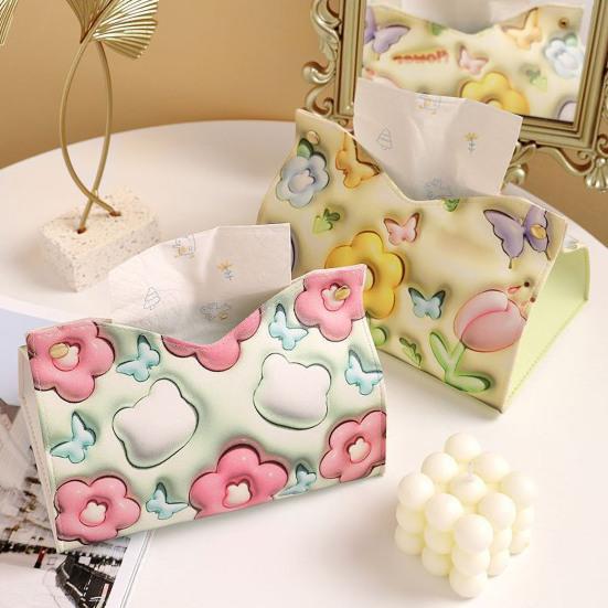 Bedruckte Taschentuchbox mit 3D-Cartoon-Blumenmuster, Knopfverschluss, Kunstleder, tragbar, für Wohnzimmer, Büro, Auto, Seidenpapierspender, Serviettenbehälter