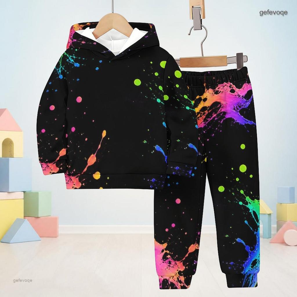 Kids Boys Girls Colorful Splash Printed Hooded Long Sleeve Sweatshirt Cuffed Pants Two Piece Set