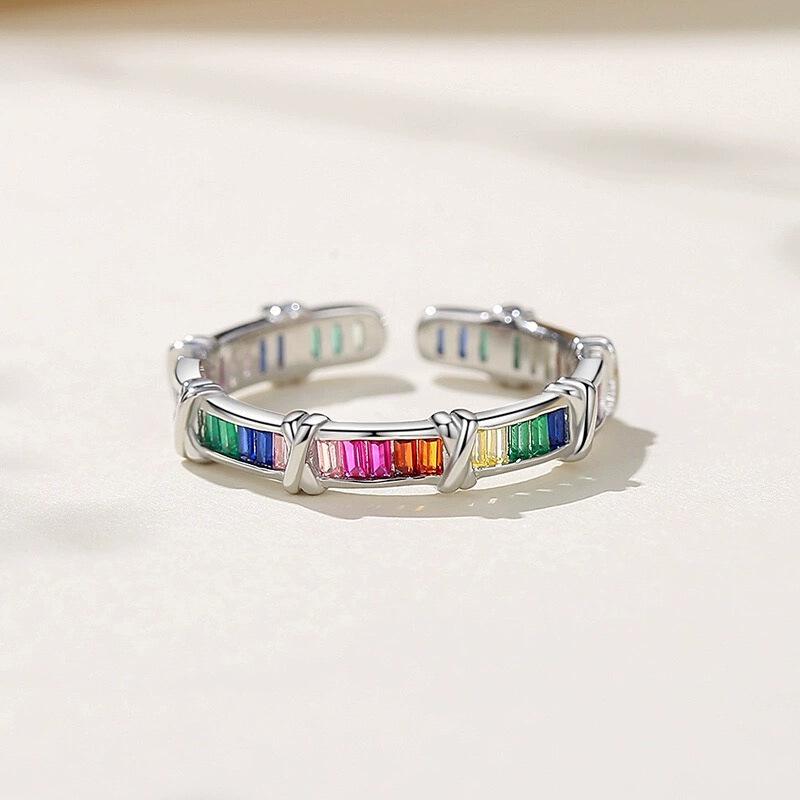 Beixi Women's High-End Sterling Silver Cross Ring with Rainbow Zirconia - Niche Luxury Cool Style