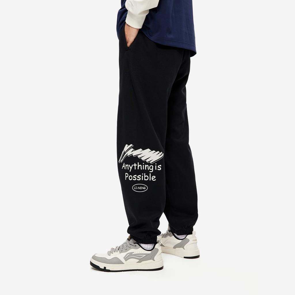 Li-Ning Sports Lifestyle Series Letter Fleece Loose Warm Versatile Cuffed Casual Pants Men Bottoms Black AKLU921-1
