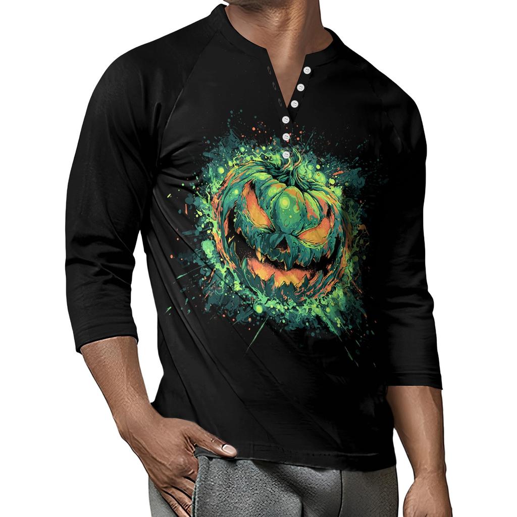 Men's Button-Down Contrast Raglan 3/4 Sleeve Top
