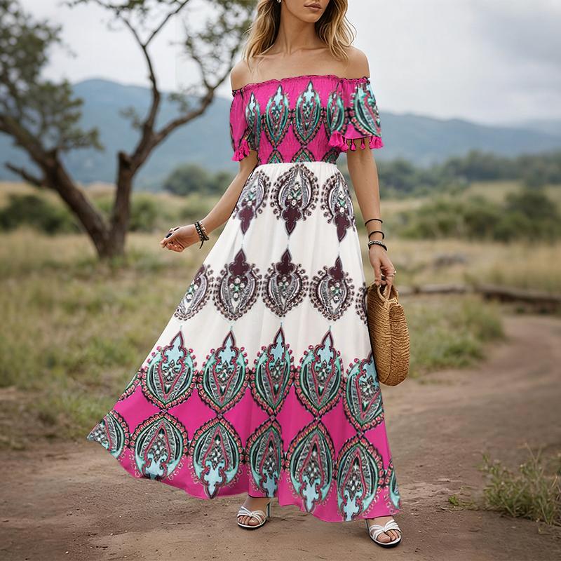 ZANZEA Women Casual Off Shoulder Short Sleeve Bohemian Print Long Dress