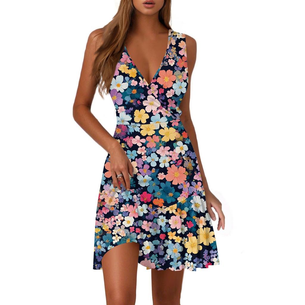 Ladies Casual Fashion V-Neck Sleeveless  Print Dress