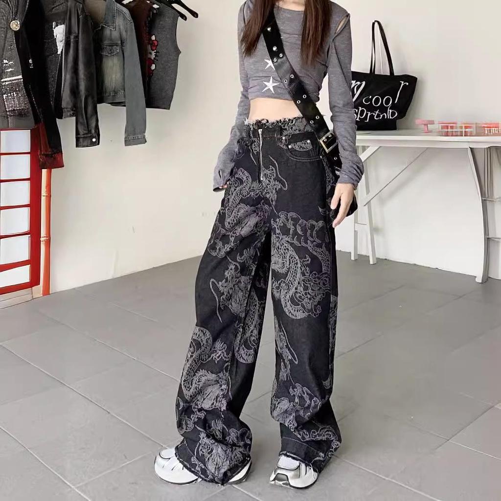 Dragon Pattern Raw Edge Wide-Leg Jeans: Trendy Unisex Slim-Fit Pants