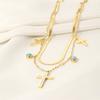 Double Layer Turquoise Diamond Cross Pendant Gold Necklace Elegant Multi Layered Collarbone Chain Jewelry