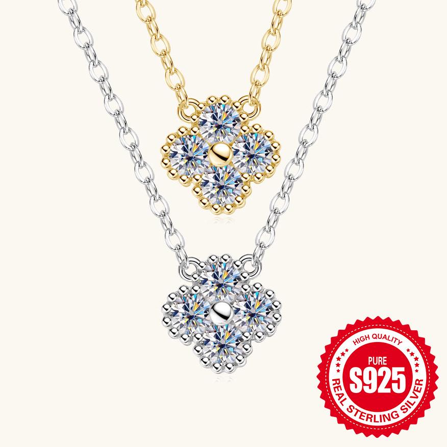 Four-Leaf Clover Necklace: Japanese & Korean Style, S925 Sterling Silver Moissanite Pendant, Gold-Plated Clavicle Chain