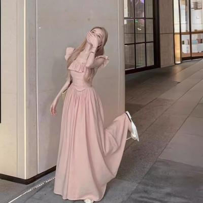 Summer Sweet Feifei Sleeve Square Neck Pink Long Dress
