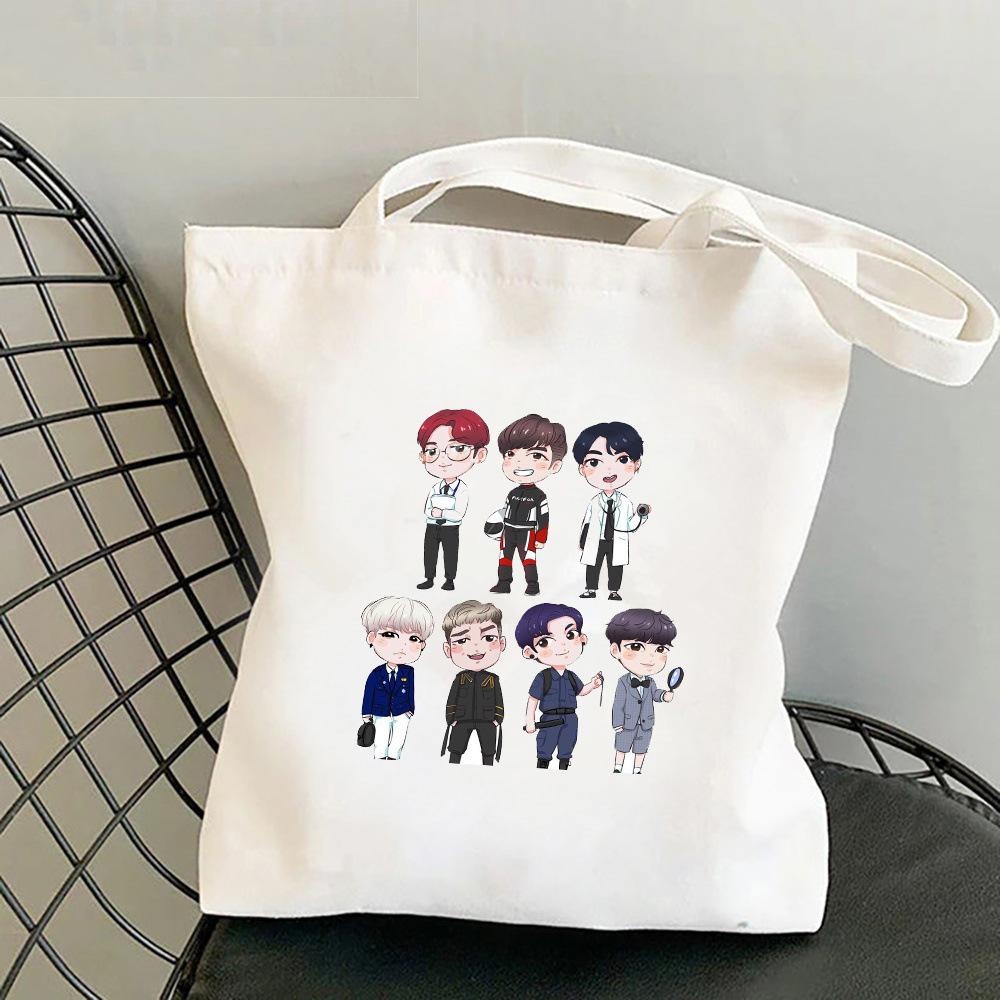 Korean Style Letter Print Canvas Tote Bag for Women Men Fashionable Shoulder Handbag Trendy Daily Shopping Bag