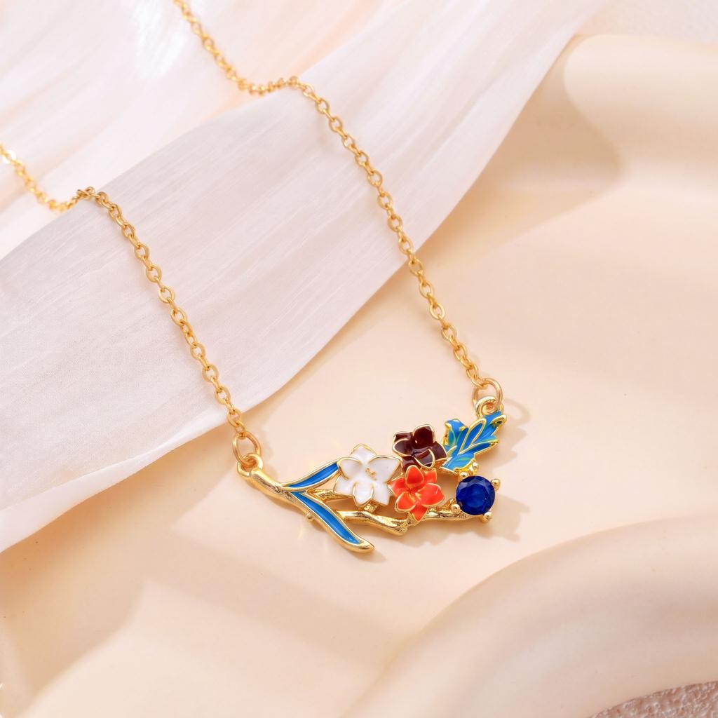 Necklace New Chinese Enamel Flower Branch Necklace Women's Summer Small Fresh Titanium Steel Necklace Fashion ins Clavicle Chain