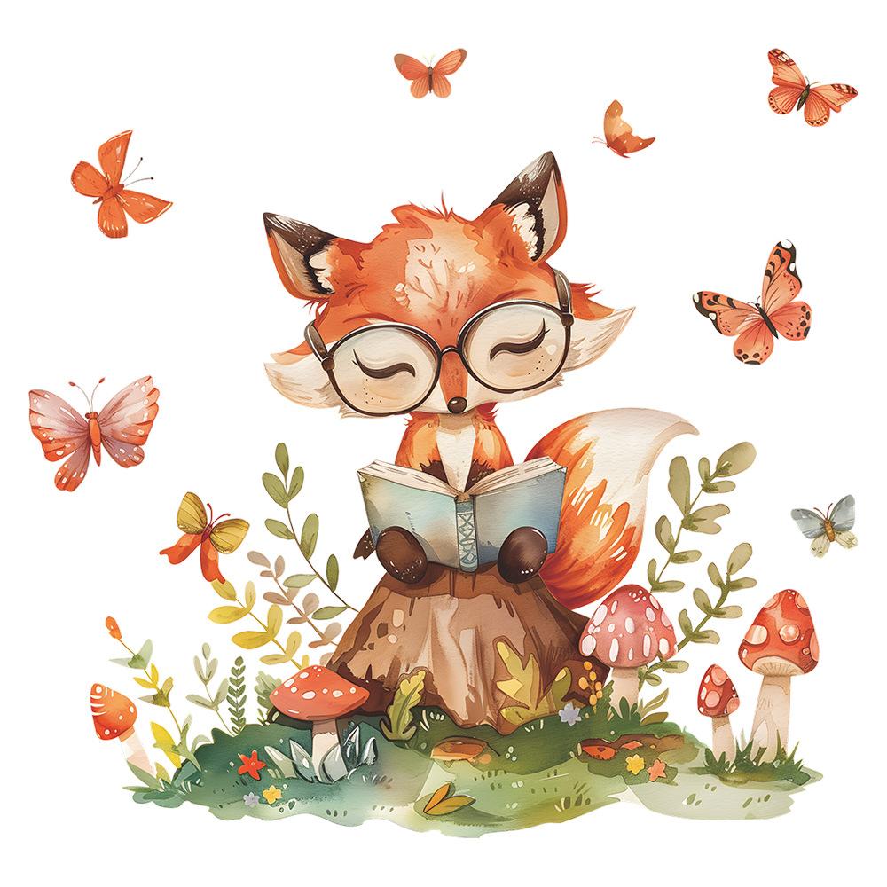 Cartoon Fox Reading Children's Room Kindergarten Wall Beautification Wall Stickers Self-adhesive