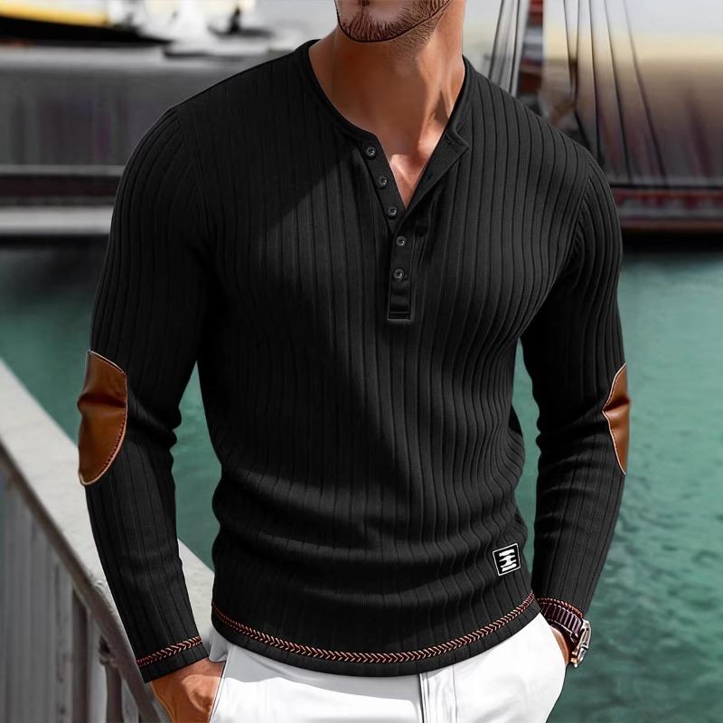 Mens Ribbed Knit Henley Neck Long Sleeve T Shirt With Elbow Patches M