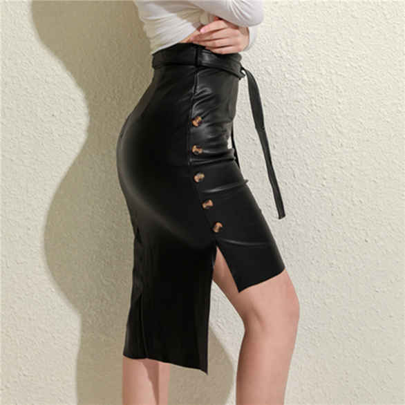 Ladies Sexy Lace-Up Leather Skirt Party Dress Fashion Solid Color Casual Bodycon Midi Skirt