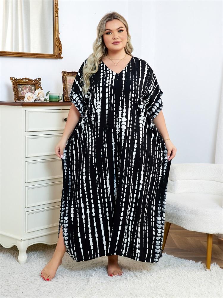 

EDOLYNSA 2024, повседневный свободный кафтан с v-образным вырезом в полоску, женский летний кафтан с принтом в стиле бохо, пляжное платье больших размеров, отпускной купальник, накидка Q1218 One Size белый/чёрный