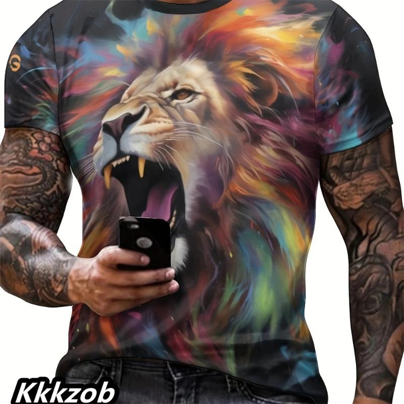 Mens Lion Print Short Sleeve O-Neck T-Shirt Soft Breathable Casual Wear Outdoor Activities Sports Loose Oversized Tops