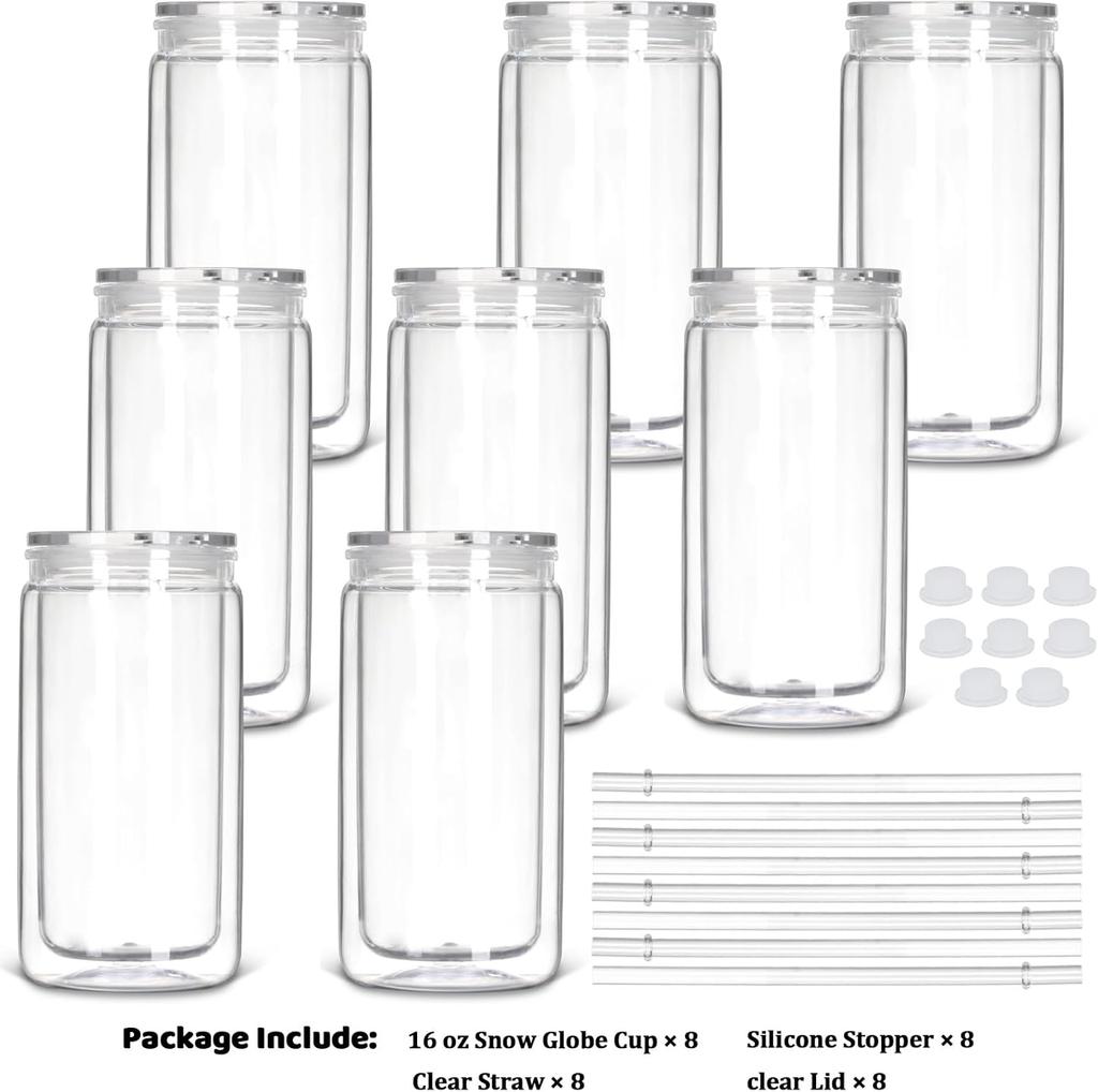 8 Pack plastic Snow Globe Tumbler, 16 Oz Double Wall Plastic Can with Lid and Straw, Plastic Mason Jar Mug for Snow Globe Glitter DIY Gift (Clear)