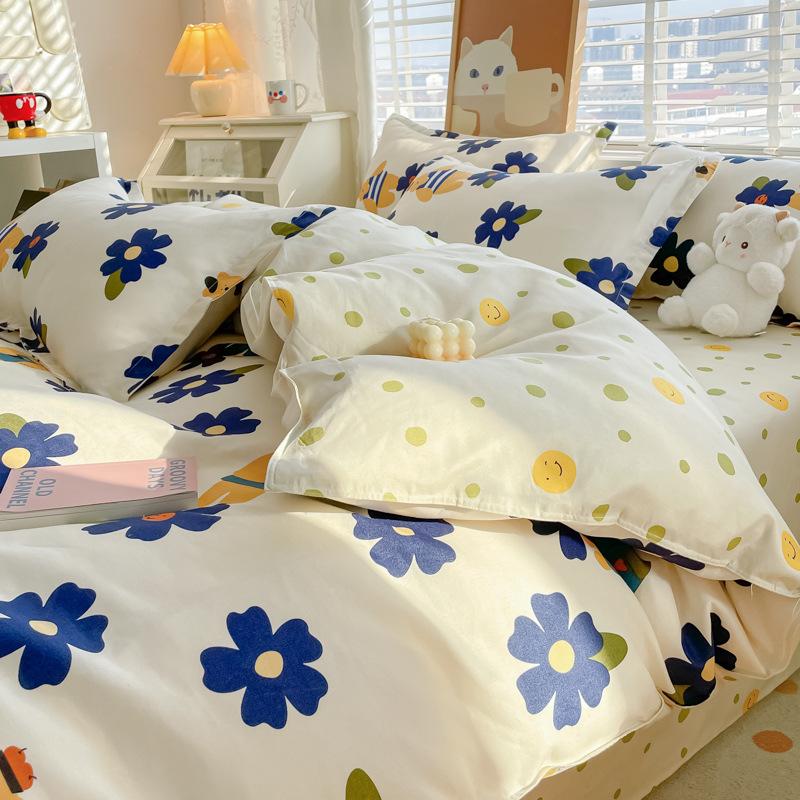 Washed Cotton 4Pcs Set, Spring And Autumn 1.8M Bed Sheet Double Quilt Set 3Pcs Home Textile
