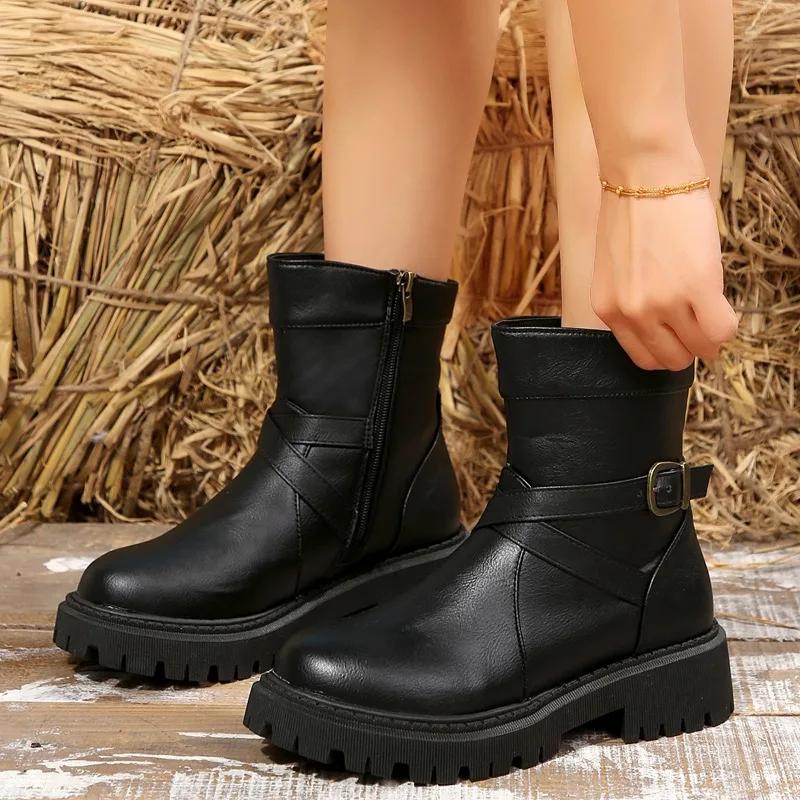 

Модная обувь для женщин 2024 Высокое качество Боковая молния Женские ботинки Зима Круглый носок Однотонные Короткое голенище Платформа Массивный каблук Модные ботинки 43 чёрный