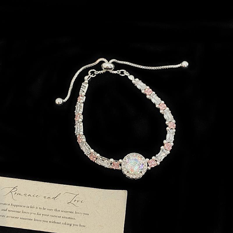 Colorful Round Zircon Pink Stretch Bracelet for Women Light Luxury Exquisite Niche Hand Jewelry