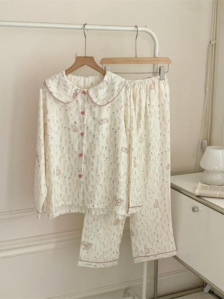 Direct supply of the new Forest Rabbit pure cotton double-layer yarn loungewear, small fresh lapel breathable pajama set