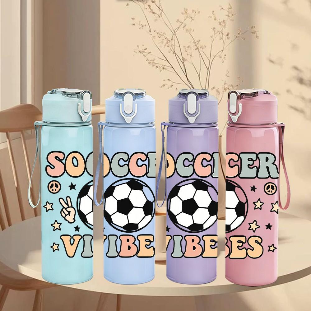 1PC Soccer Vibes Text Art Pattern 750ml Color Plastic Sports Water Bottle Leakproof Flip Straw Lid Suitable for Sports Office Home Use